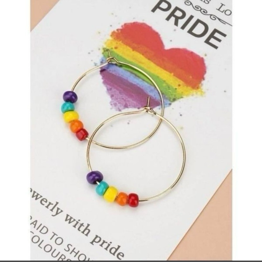 NEW - Rainbow bead hoop earrings, pride jewelry, gold hoops